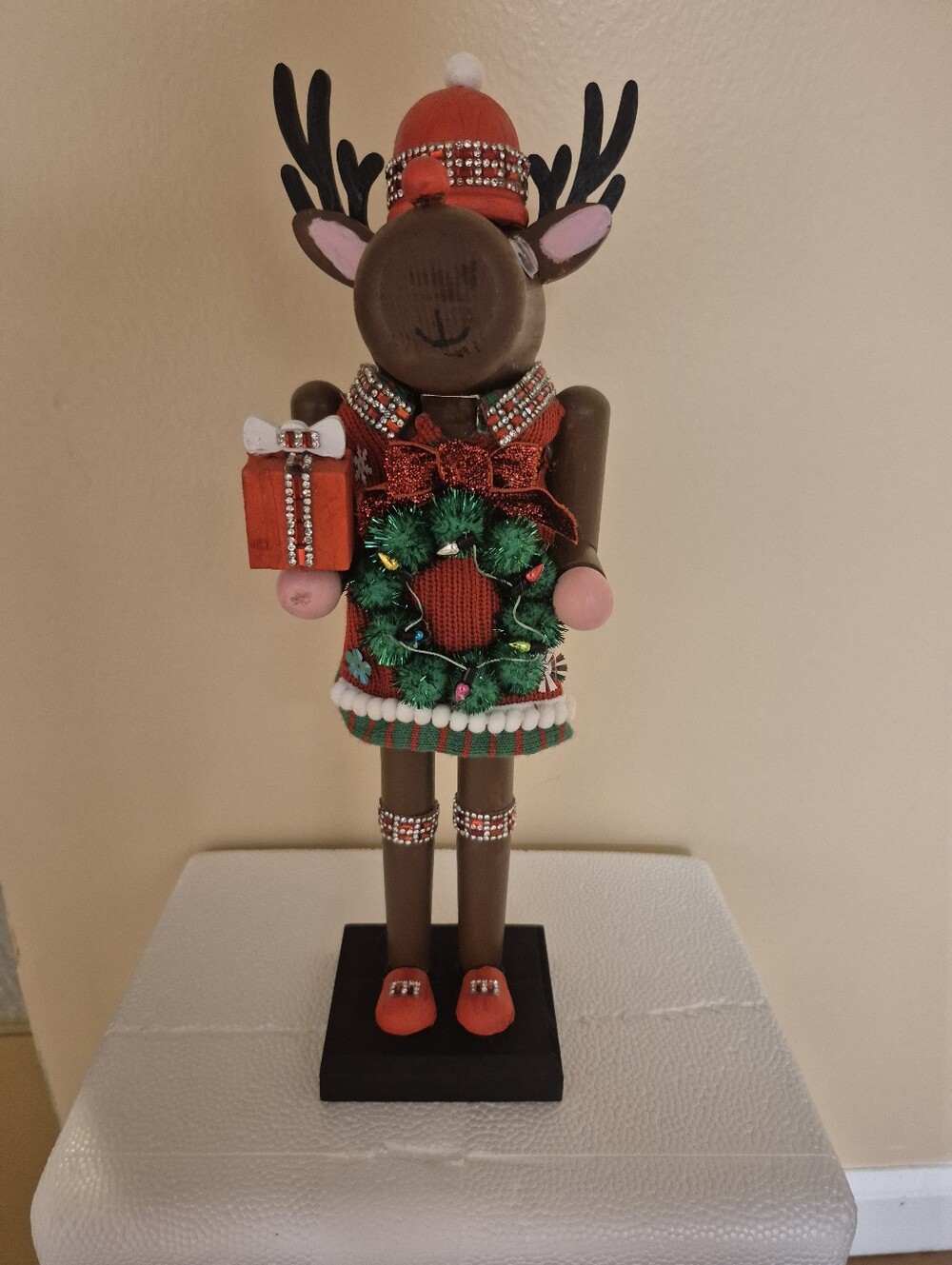 Holiday Reindeer Nutcracker with Red Wreath Sweater